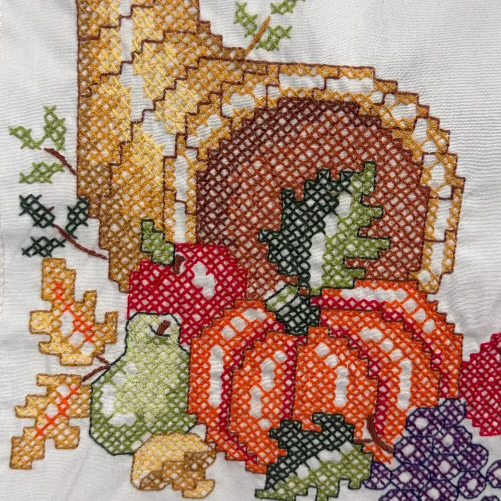 Thanksgiving crosstitch cornucopia table runner fall decor vintage handmade 70s